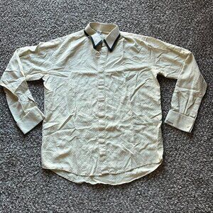 100% Silk Angelino Cream & Black Men Large Collared Button-up Long Sleeve Shirt